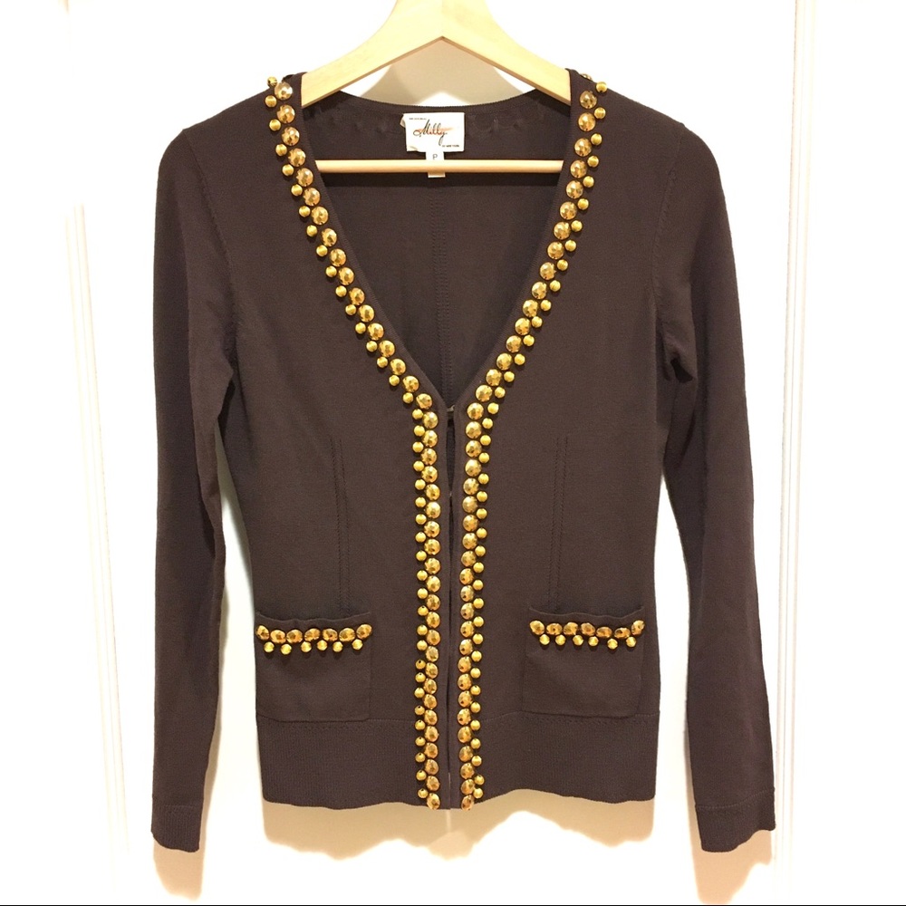 Milly Gold Embellished Brown Cardigan Sweater XS